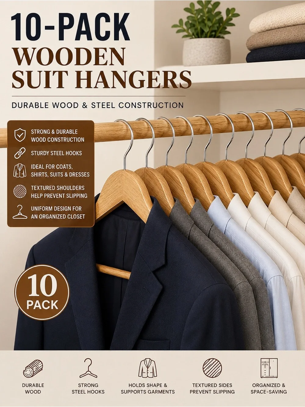 10-Pack Wooden Suit Hangers - Natural Wood